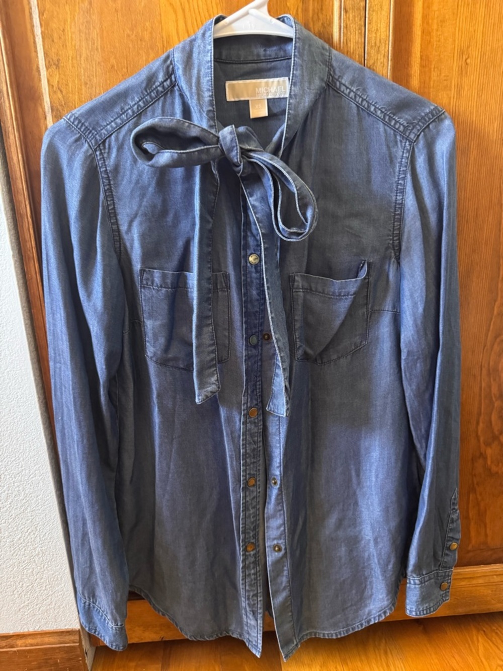 Michael Kors - Light Wash Denim Tie-Neck Button-Up Shirt